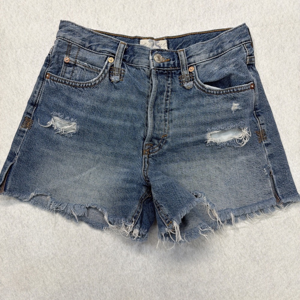 We The Free People Cut Off Distressed Denim Shorts Women 25 Mid Rise Button Fly